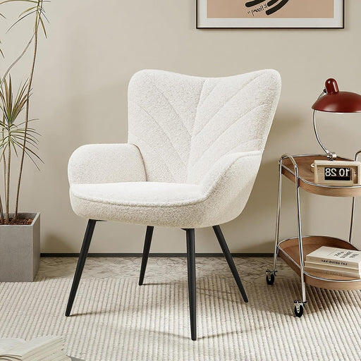 Beige Sherpa Upholstered Accent Chair Curved Backrest