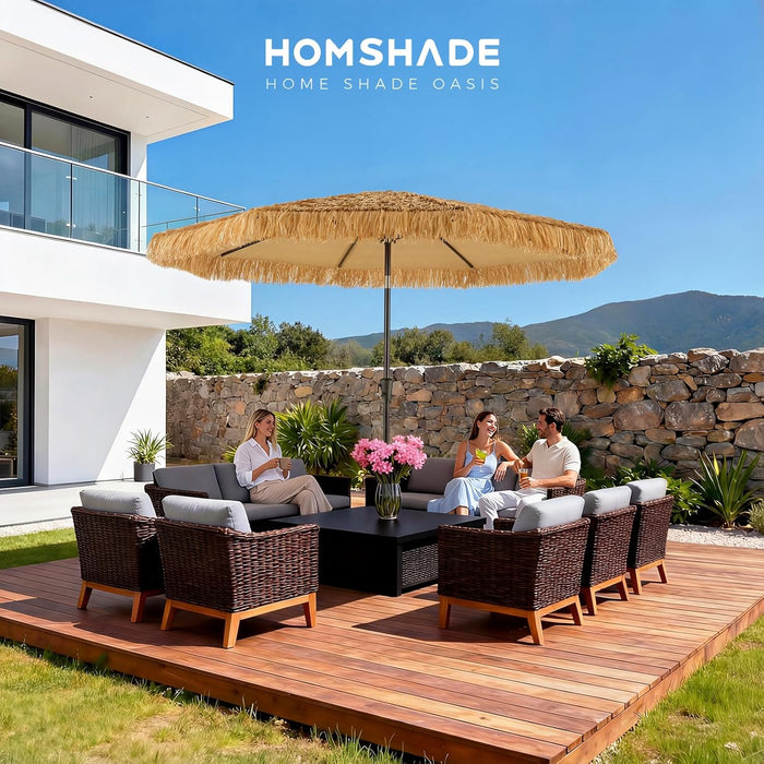 9Ft Hula Thatched Hawaiian Style Tiki Umbrella with Crank & Tilt, UPF 50+ Nylon Thatch & 220GSM Polyester Canopy, 8 Heavy-Duty Steel Ribs for Outdoor, Patio, Beach, Pool, Backyard, Garden