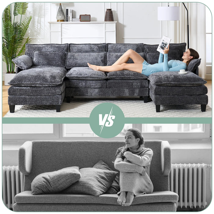 109.45" U Shaped Couch,Oversized 4 Seat Sectional with 4 Waist Pillows, Convertible Upholstery Symmetrical Sofá,Sleeper Sofa Couch with Double Chaise Lounge &Memory Foam for Living Room, Grey