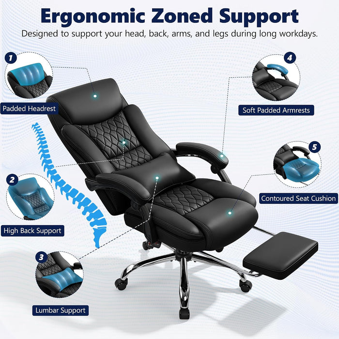Ergonomic Office Chair Executive PU Leather High Back, 400Lbs Heavy Duty Reclining Desk Chair with Footrest, Adjustable Lumbar Support, Padded Armrests, Wide Seat, Black