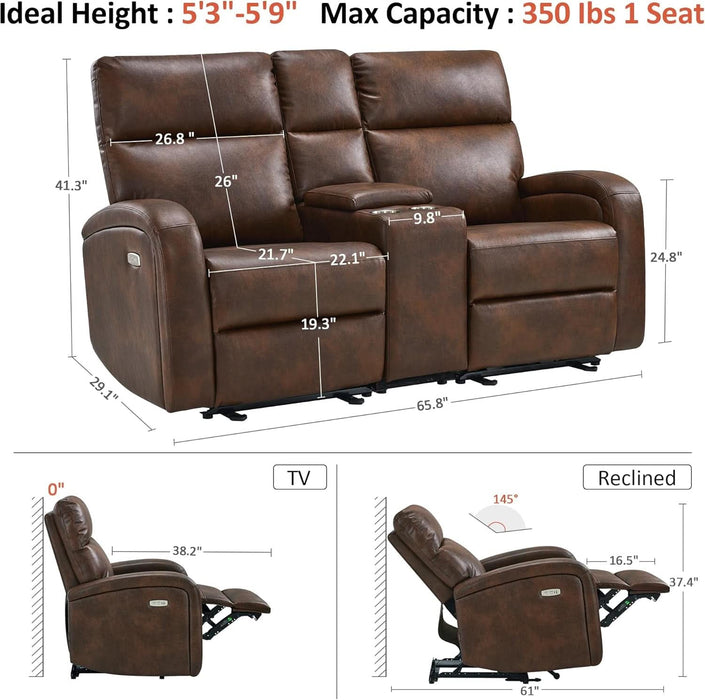 65.7" Zero Wall Recliner Loveseat with Console, 2-Seat Power Wall Hugger Sofa with Cup Holders, USB & Type-C Dual Charge Ports, for Living Room, RV PR646M2 (Dark Brown, Loveseat with Console)