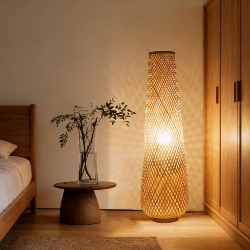 -Farmhouse Style Bamboo Floor Lamp,Large Wicker Indoor Floor Light,Boho Standing Light Plug In,Modern Minimalist Standing Lamp for Living Room Bedroom