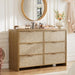 Rattan 6 Drawer Dresser for Bedroom, 47.2" Wide Curved Dressers & Chests of Drawers with 6 Deep Drawers, Large Boho Wooden Dresser W/Gold Metal Handles for Bedroom, Natural Oak