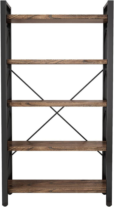 5 Tier Bookshelf Rustic Solid Wood Industrial Style Bookcase,Metal and Real Wood Vintage Bookshelf,Book Shelves Home Office, Retro Brown,Dark Matching Credenza(Lz01-05Tier) (5Tiers)