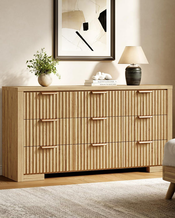 57" W Fluted Dresser with 9 Drawers, Wooden Dresser TV Stand