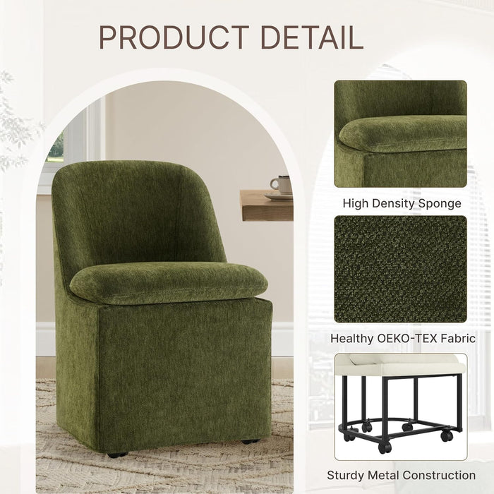 Upholstered Dining Chairs with Casters, Washable Cover Modern Dining Room Chairs with Thick Cushion & Sturdy Metal Frame for Kitchen, Living Room, Dressing Room, Green Fabric, 4PCS