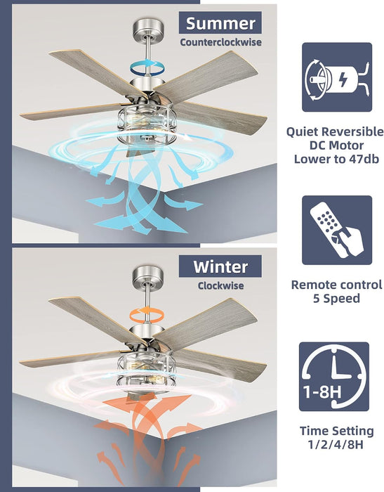 Farmhouse Ceiling Fans, 48 Inch Industrial Ceiling Fan with Light and Remote Control, Clear Glass, 5-Reversible Blades with Gray Oak/Burlywood Finish, 52-YJ632-BN