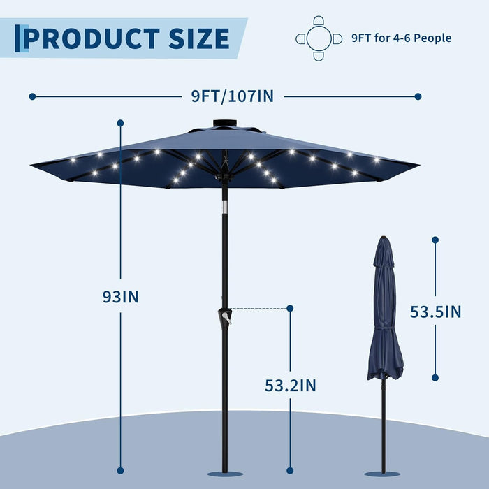 9FT Solar Patio Umbrella with 32 LED Lights - Outdoor Table Umbrella with Crank Lift, Push Button Tilt and 8 Sturdy Ribs - Market Umbrella UV Protection for Pool, Deck, Yard, Garden -Navy Blue