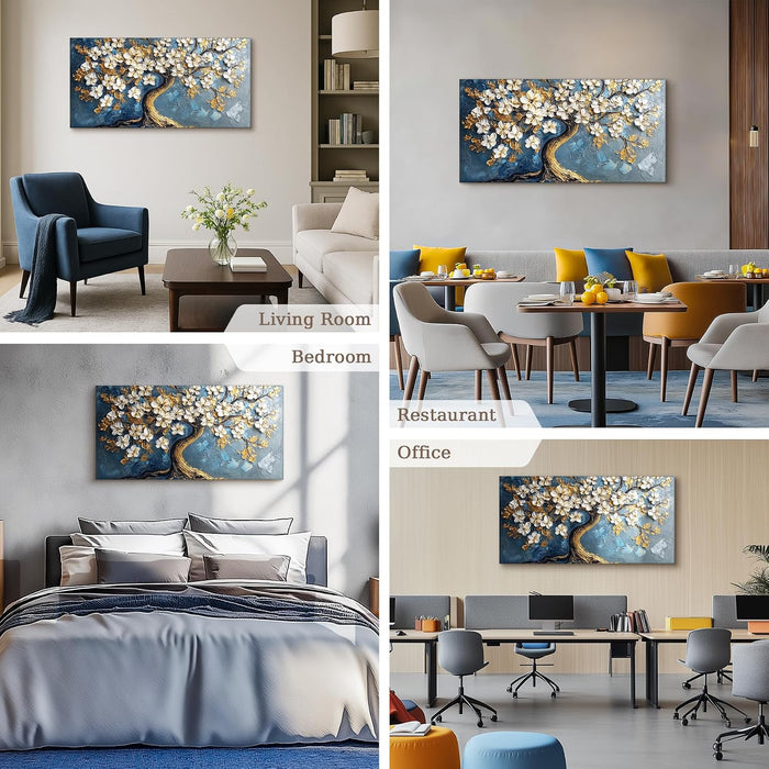 Tree of Life Large Canvas Wall Art, Abstract Gold Tree Modern Office Decorations, Nature White Floral Artwork for Walls, Navy Blue Pictures Wall Decor Living Room Bedroom Art Prints 20"X40"