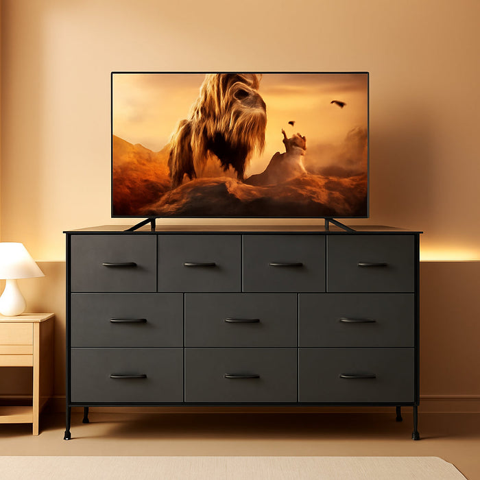 Dresser for Bedroom 10 Drawer Bedroom TV Stand with Power Outlet, Entertainment Center Chest of Drawers, Long Fabric Dresser for Living Room save Space Grey