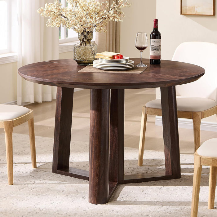 47" round Dining Room Table for 4-6 with Wooden Pedestal, Dark Walnut | Dinner Tables, Triangular Structure Wooden Pedestal Stable Base, Curved Table Edge, Circle Kitchen Tables for Dining Room