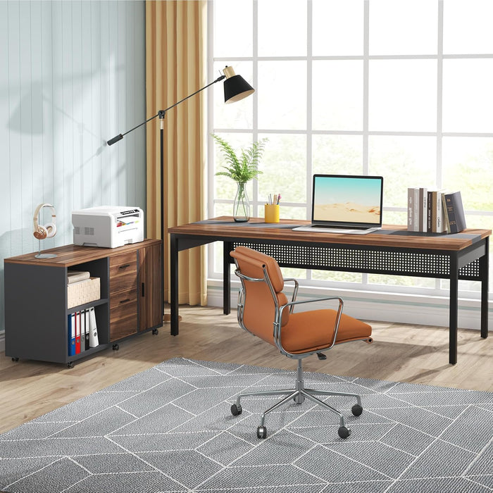 70.8-Inch Executive Desk, Large Office Computer Desk Workstation, Modern Simple Style Laptop Desk Study Writing Table Business Furniture for Home Office (Brown and Black)
