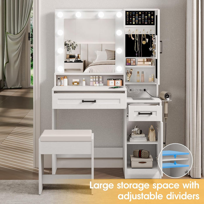Vanity Desk with Mirror and Lights,Make up Vanity with Chair and Outlet,Dressing Table with Jewelry Cabinet, Bedroom Vanity with 2 Drawers, 3 Lighting Colors,36.4 Inch,Antique White