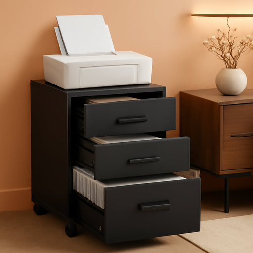 File Cabinet, 3 Drawers Filing Cabinet for Home Office, with Wheels, for A4, Letter Sized Documents, Hanging File Folders, Ink Black UOFC065B16