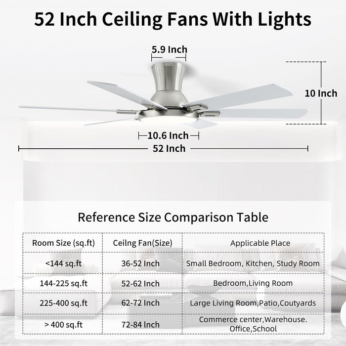 52 Inch Brushed Nickel Ceiling Fans with Lights and Remote,Flush Mount Low Profile 6 Blades Ceiling Fan with 10 Inch Lighting Fixture,Quiet Reversible DC Motor for Living Room,Bedroom and Patio