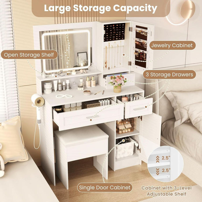 Vanity Desk with Mirror and Lights, Jewelry Storage Cabinet, Farmhouse White Makeup Vanity Desk with Charging Station, 3 Drawers, 3 Lighting Modes, Bedroom Vanity Dressing Table with Stool