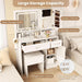 Vanity Desk with Mirror and Lights, Jewelry Storage Cabinet, Farmhouse White Makeup Vanity Desk with Charging Station, 3 Drawers, 3 Lighting Modes, Bedroom Vanity Dressing Table with Stool