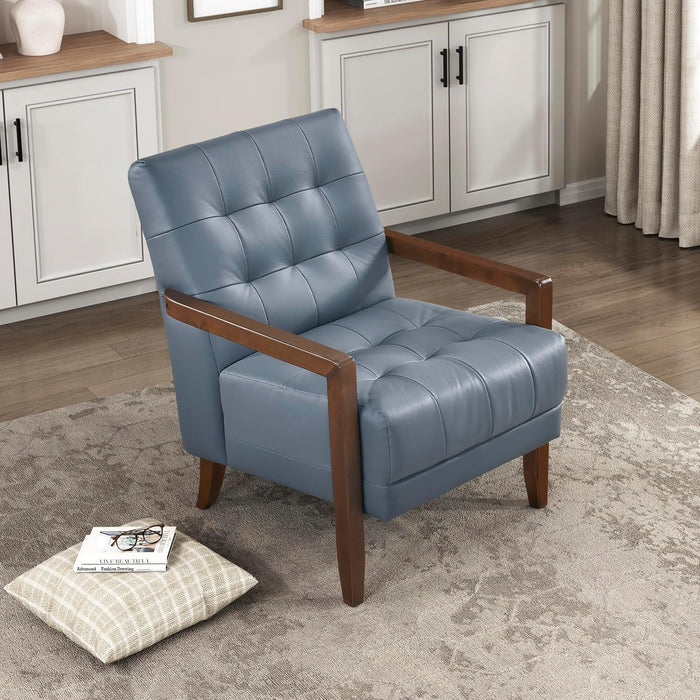 Blue Premium Genuine Leather Tufted Upholstered Chair