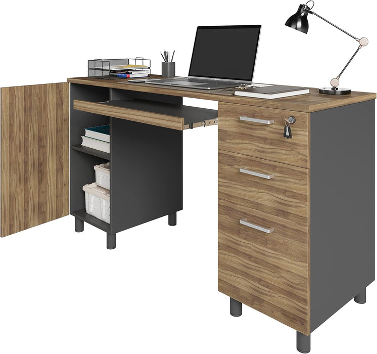 Modern Design Venice Computer Desk with Lockable Drawers, 53 Inch Home Office Desk with Storage Cabinet, Keyboard Tray & Cable Management, Modern Study Writing Desk for Small Spaces, Walnut and Black