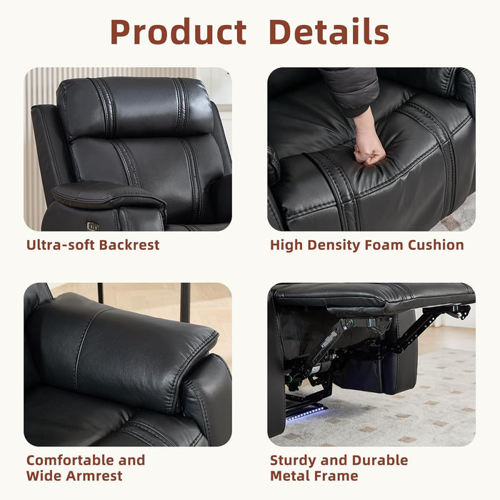 Power Recliner Sofa Set with Flip Middle Backrest, Living Room Furniture Sets, Leather 3 Seater Reclining Sofa Couch with Ambient Lighting, Cup Holders, Side Pocket for Living Room, Black