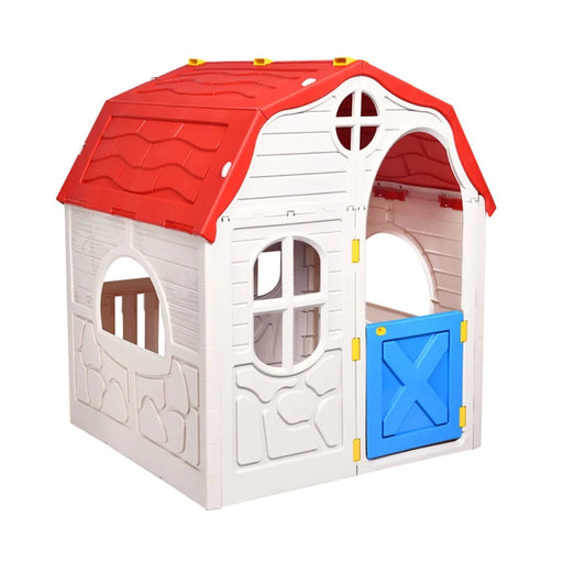 Kids Cottage Playhouse Foldable Plastic Indoor Outdoor Toy, Toddler Outdoor Playhouse, Red