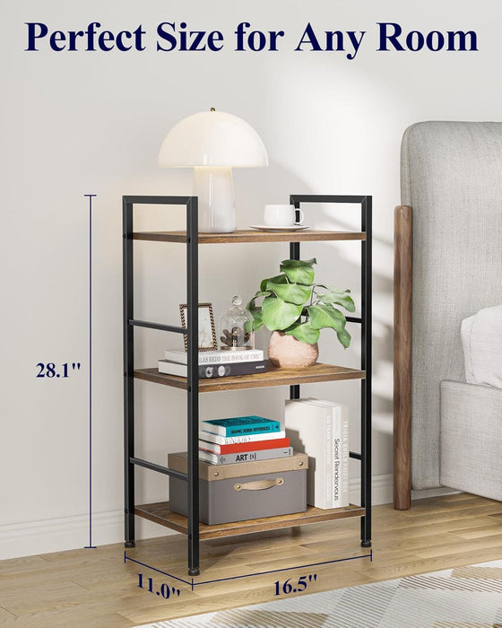 3-Tier Book Shelf - Wood & Metal Bookshelf with Handle & Adjustable Feet, Lightweight Bookcase for Living Room, Bedroom, Kitchen, Office or Dorm (16.5"×11.0"×28.1")