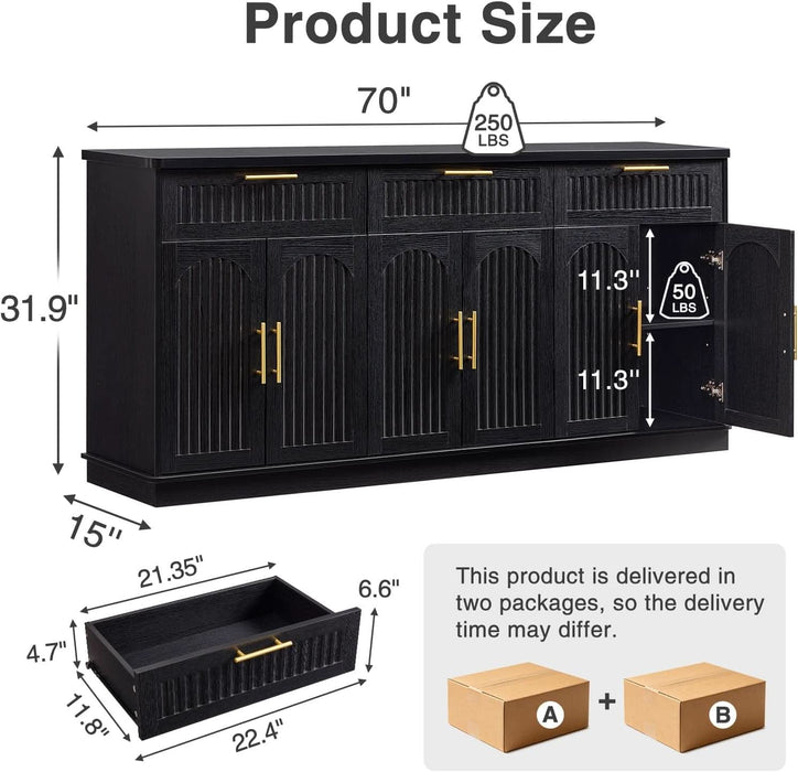 70" Modern Buffet Cabinet with 6 Doors & 3 Drawers Storage, Black