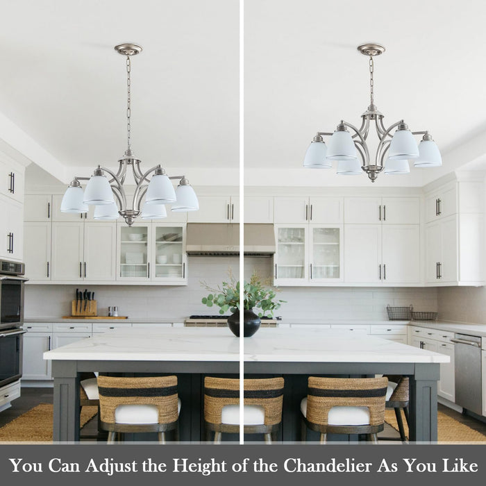 Brushed Nickel 6Light Farmhouse Chandelier Milk Glass