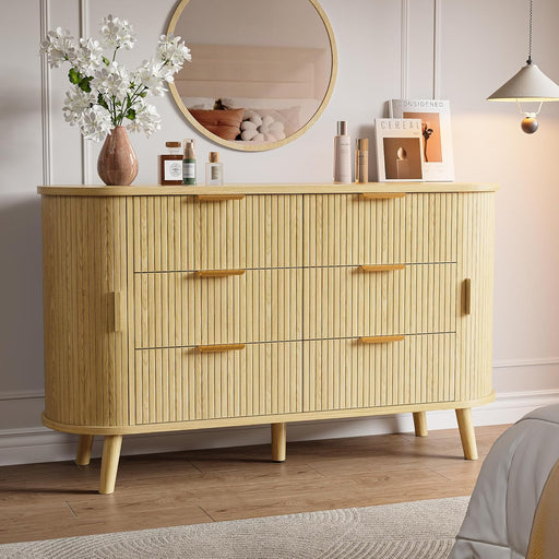 6 Drawers Dresser with 4 Storage Compartments, 55'' Modern Chest of Drawers with Sliding Door & Metal Handles, Curved Profile & Sturdy Legs, Wooden TV Stand for Bedroom, Living Room (Natural Oak)