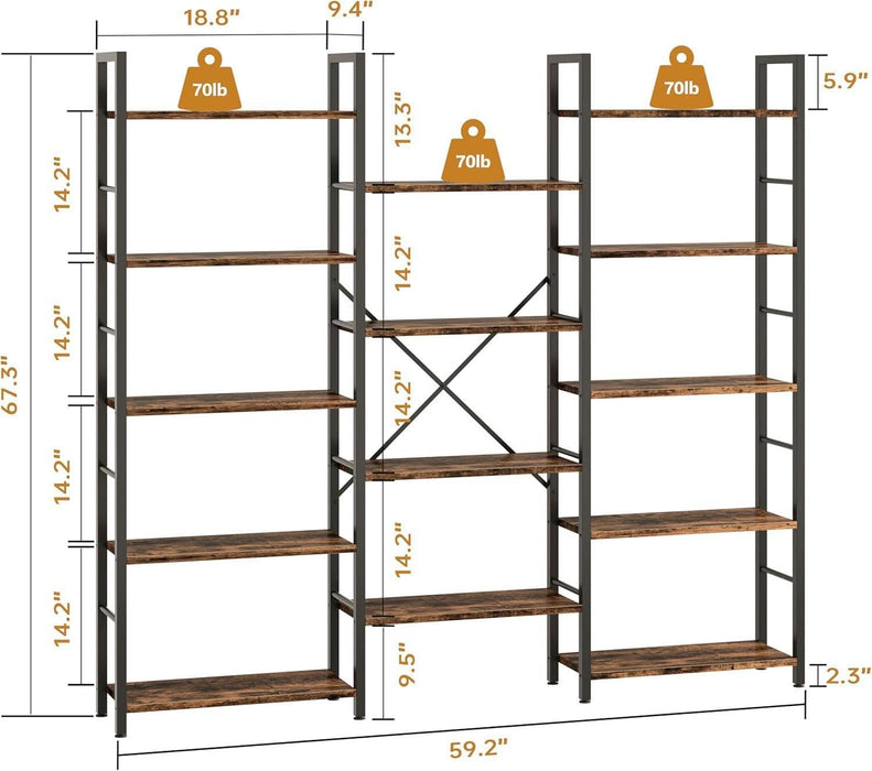 Triple Column 5 Tier Bookshelf, Industrial Large Bookcase Display Shelves, Large Etagere Bookshelf,Wide Book Shelf Book Case for Home & Office, Rustic Brown