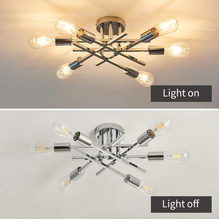 6-Lights Semi Flush Mount Ceiling Light Fixture Modern Chrome Matte Sputnik Chandelier Farmhouse Ceiling Lighting for Kitchen Bedroom Dining Room Living Room