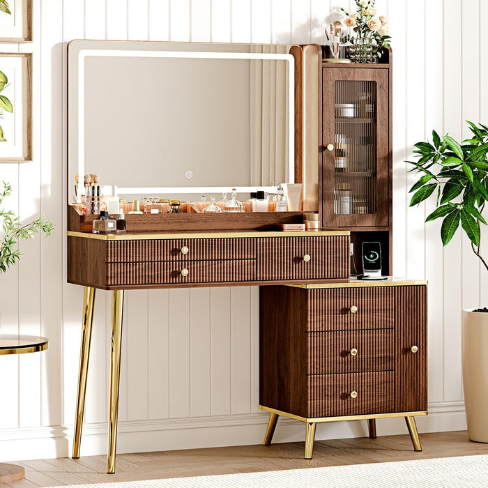 Vanity Desk with 35.12" HD Lighted Mirror, 46.85" Big Modern Vanity Desk with Mirror and Lights, Makeup Vanity with 7 Drawers and Storage Shelves and Charging Station, Walnut
