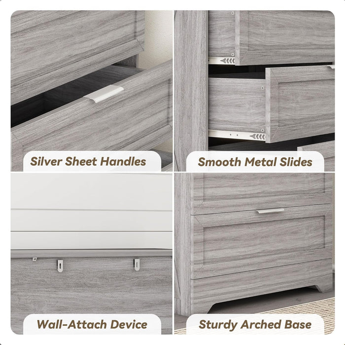 Farmhouse 4 Drawer Dresser for Bedroom, Tall Bedroom Dresser with Large Drawer & Silver Handles, Wooden Storage Organizer Cabinet Chest of Drawer for Closet, Living Room, Hallway, Wash Grey