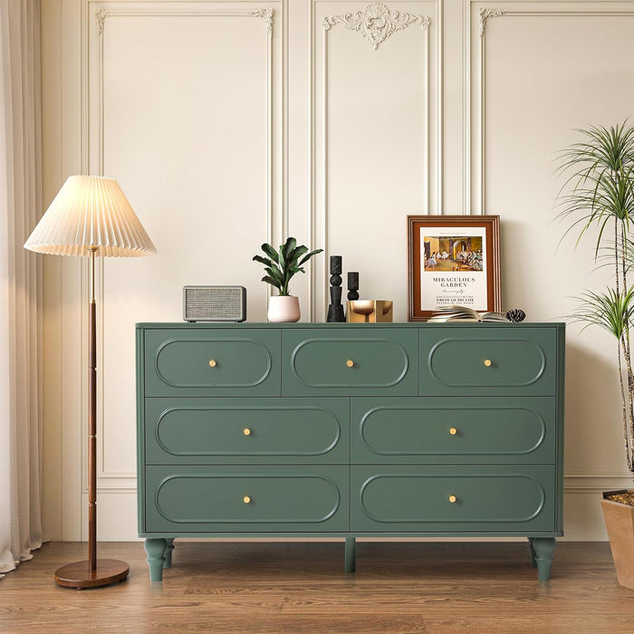 Fluted 7 Drawer Dresser for Bedroom, Modern Mid Century Chest of Drawers, Wood Storage Large Dresser Organizer for Bedroom Living Room Closet Hallway, Green
