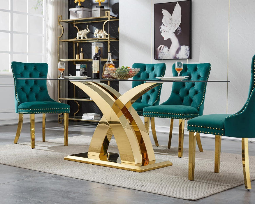 70" Gold Tempered Glass Dining Table, Modern Glass Kitchen Table Dining with Tempered Glass Tabletop and Unique Stainless Steel Pedestal, Modern Kitchen Dining Room Table for 8