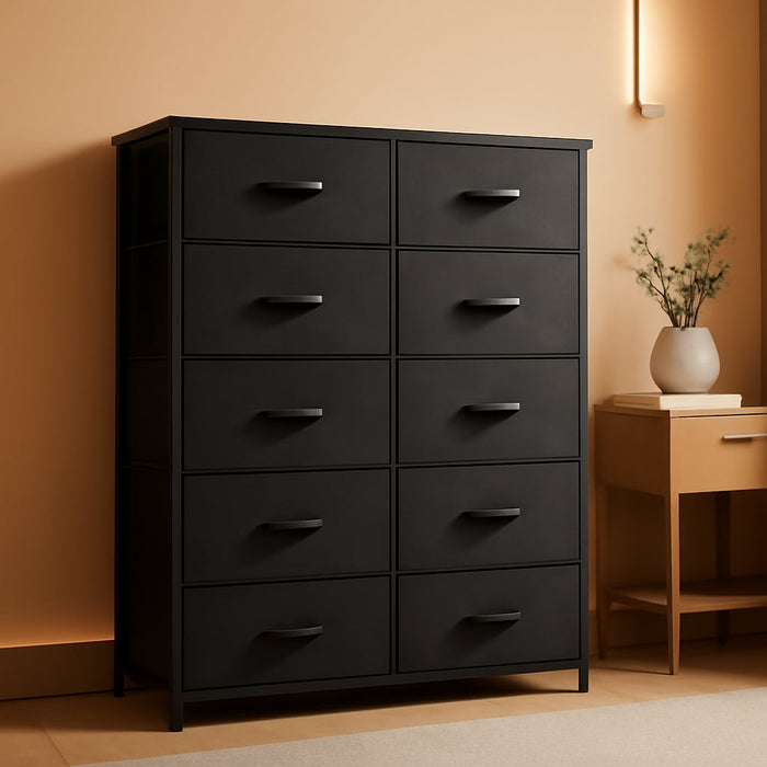 Tall Black Dresser for Bedroom with 10 Drawers, Chest of Drawers, Dressers Bedroom Furniture, Storage Organizer Unit with Fabric Bins for Closet, Hallway, Living Room, Entryway
