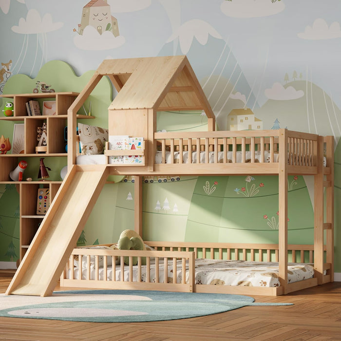 Natural SolidWood ExtraLarge OverQueen Bunk Bed Slide