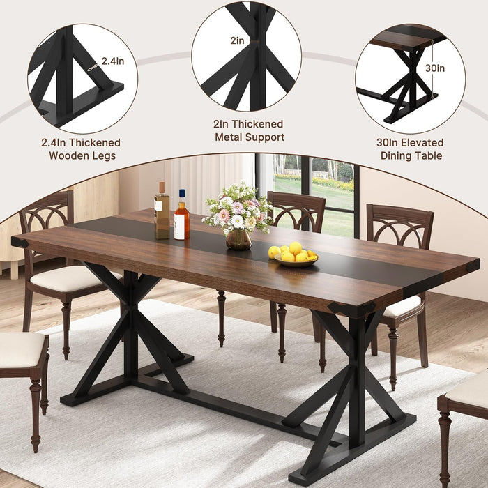 71 Inch Dining Table for 6 People, Rectangular Kitchen Farmhouse Table W/Thickness Waterproof Wood Tabletop,Long Dining Room Tables W/Wood Strip Base for Kitchen Living Room(Brown&Black)