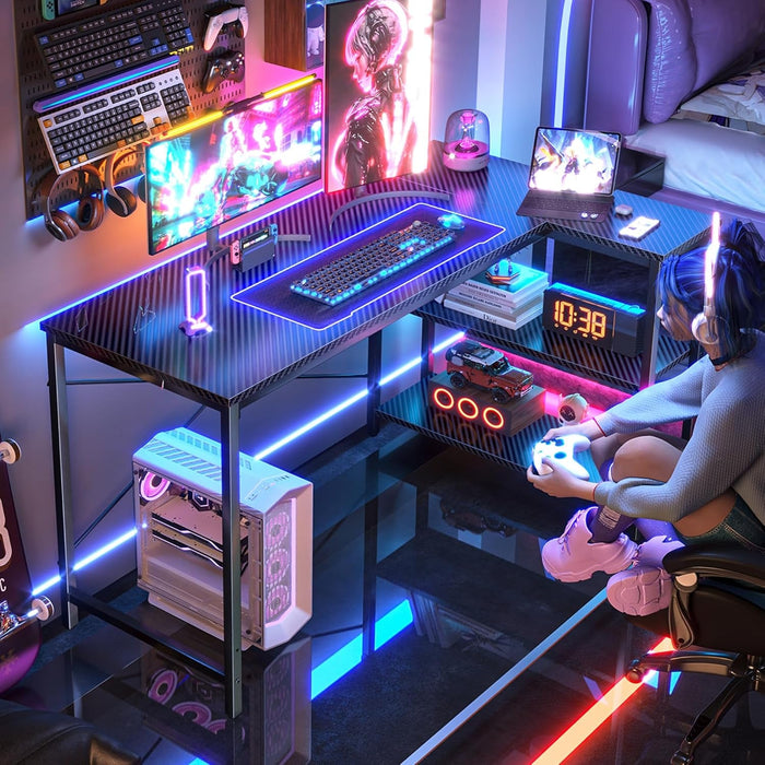 L Shaped Desk, 47 Inches Computer Desk with Reversible Storage Shelves, Gaming Desk, Corner Desk Home Office Desks, Writing Desk Study Desk with Metal Frame, Carbon Fiber Black