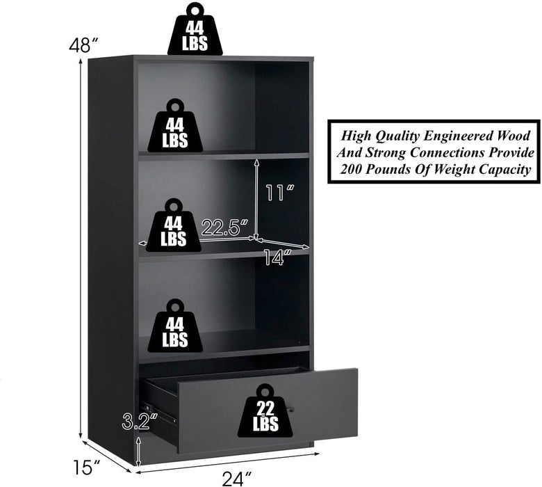 4 Tier Bookshelf Bookcase Storage Shelf Display Cabinet with Drawer Ample Storage and Display Space Safe with Anti-Toppling Device Perfect for Sturdy Room Bedroom Living Room Home Office Use