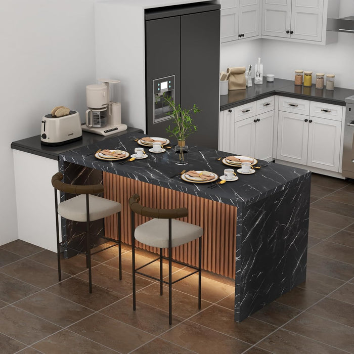 63" Large Imitation Marble Dining Table for 4-6 People(Patent Pending) | Island Table with LED Light,Mordern Marble Stripes Kitchen Dining Table with Grille Design for Dining Room,Living Room(Black)