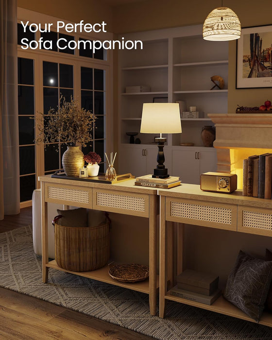 Console Sofa Table, Narrow Entryway Table, 2 Drawers, Open Storage Shelf, Rounded Corners, for Living Room, Boho Style, Oak Beige ULNT016YC01S
