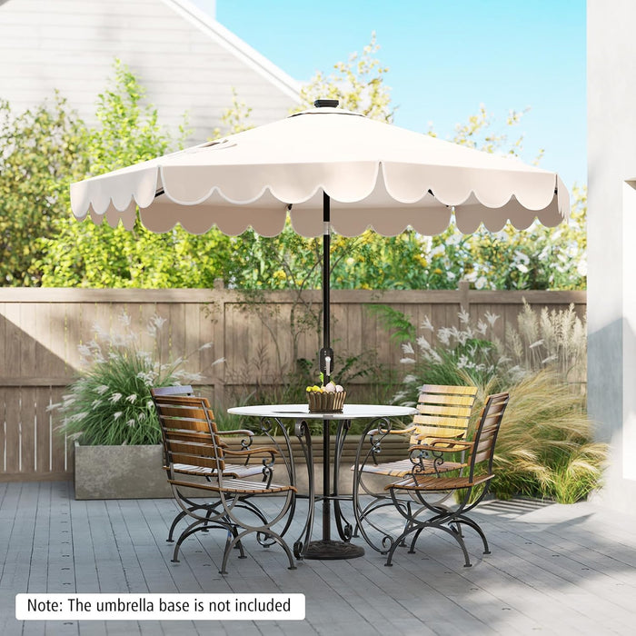 9 FT Solar Patio Umbrella, 2-Tiers Scalloped Outdoor Table Market Umbrella with 24 LED Lights, Vented Top, Tilt Adjustment, Crank, 8 Ribs for Backyard Poolside Deck Beach Lawn (Beige)