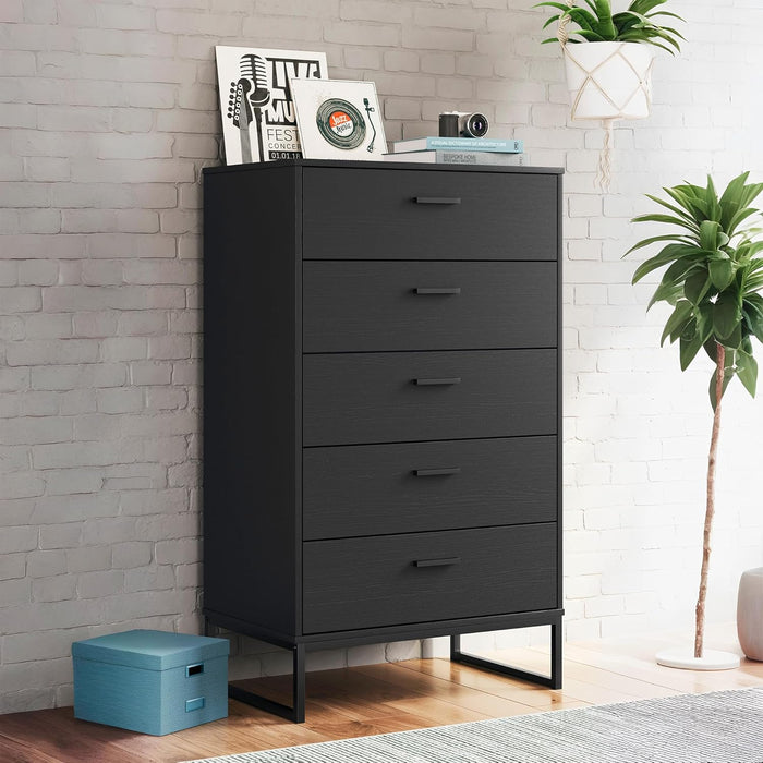 Socalle Modern 5 Drawer Chest with Safety Stop and Metal Legs for Bedroom, Black