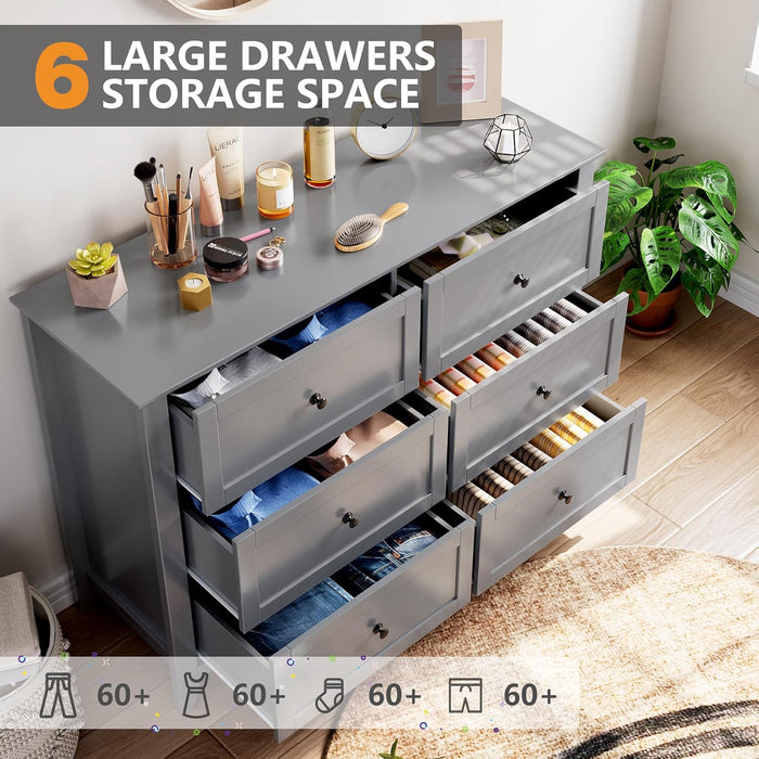 Grey 6 Drawer Dresser for Bedroom, Simply Modern Chest of Drawers, Wood Storage Double Dresser with Deep Drawers for Living Room, Hallway Entryway
