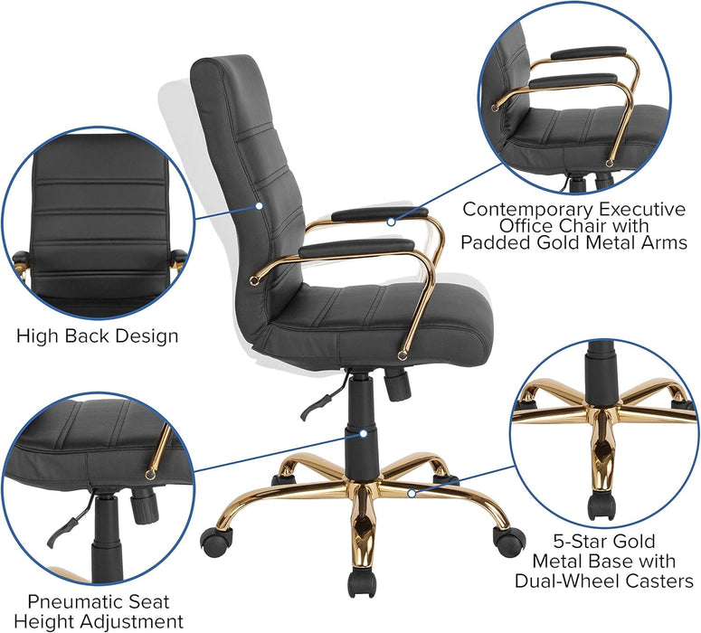Whitney High-Back Swivel Leathersoft Desk Chair with Padded Seat and Armrests, Adjustable Height Padded Office Chair, Black/Gold