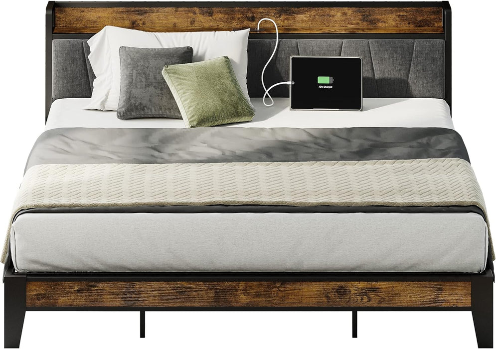 King Size Bed Frame, Storage Headboard with Charging Station, Solid and Stable, Noise Free, No Box Spring Needed, Easy Assembly