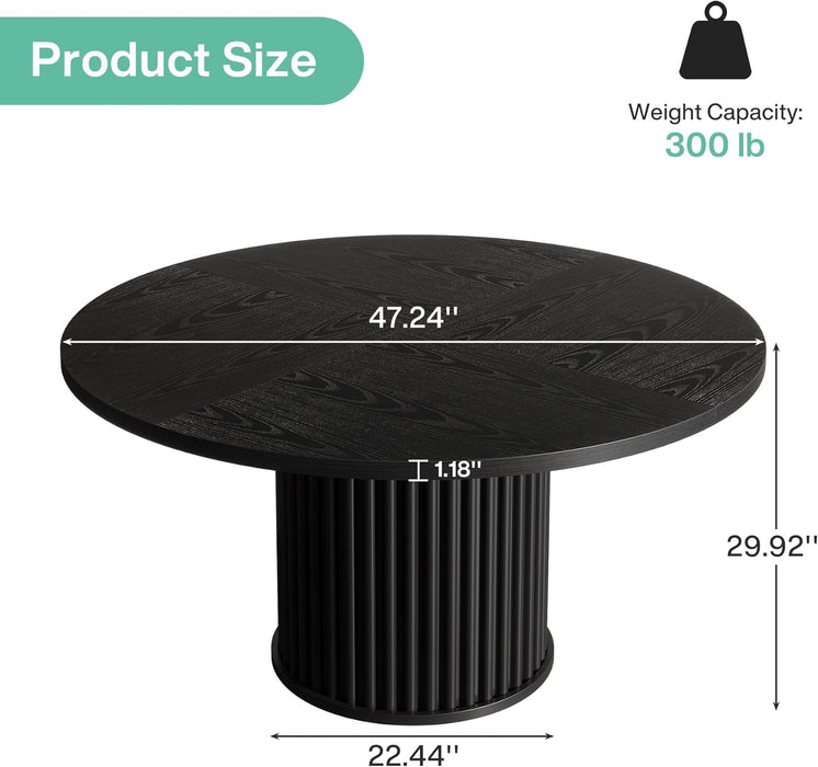 47.24-Inch Black round Dining Table for 4-6 People, Modern Fluted MDF + Metal Base Kitchen Table, Sturdy Circle Dining Room Furniture, Black