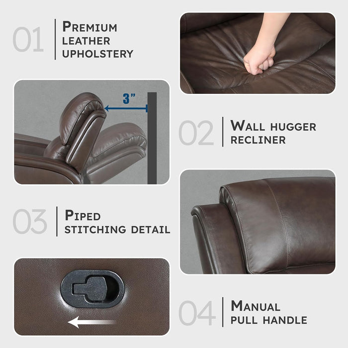 Manual Double Reclining Sofa, Top Grain Leather Match Wall Hugger Recliner Sofa, Tab Pull Reclining, High Density Foam over Pocket Coils, for Living Room/Reading Nook/Bedroom, Brown