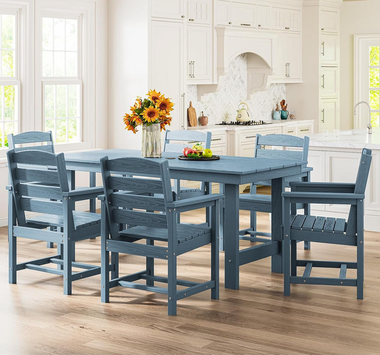 7-Piece Patio Dining Table Sets, Outdoor HDPE Dining Furniture Set with Umbrella Hole Cut-Out Table and 6 Chairs, Blue